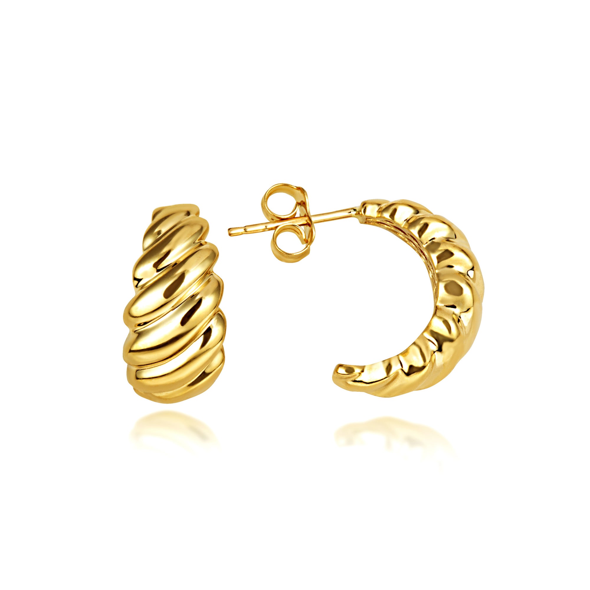 14K Yellow Gold Croissant Ribbed Stud Earrings, view 3