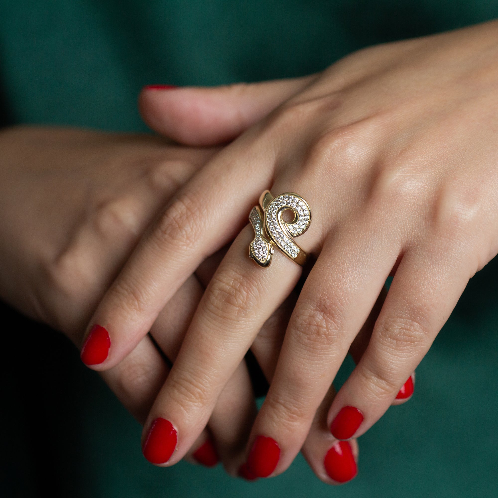 14K Yellow Gold Cubic Zirconia Coiled Snake Band Ring, view 2