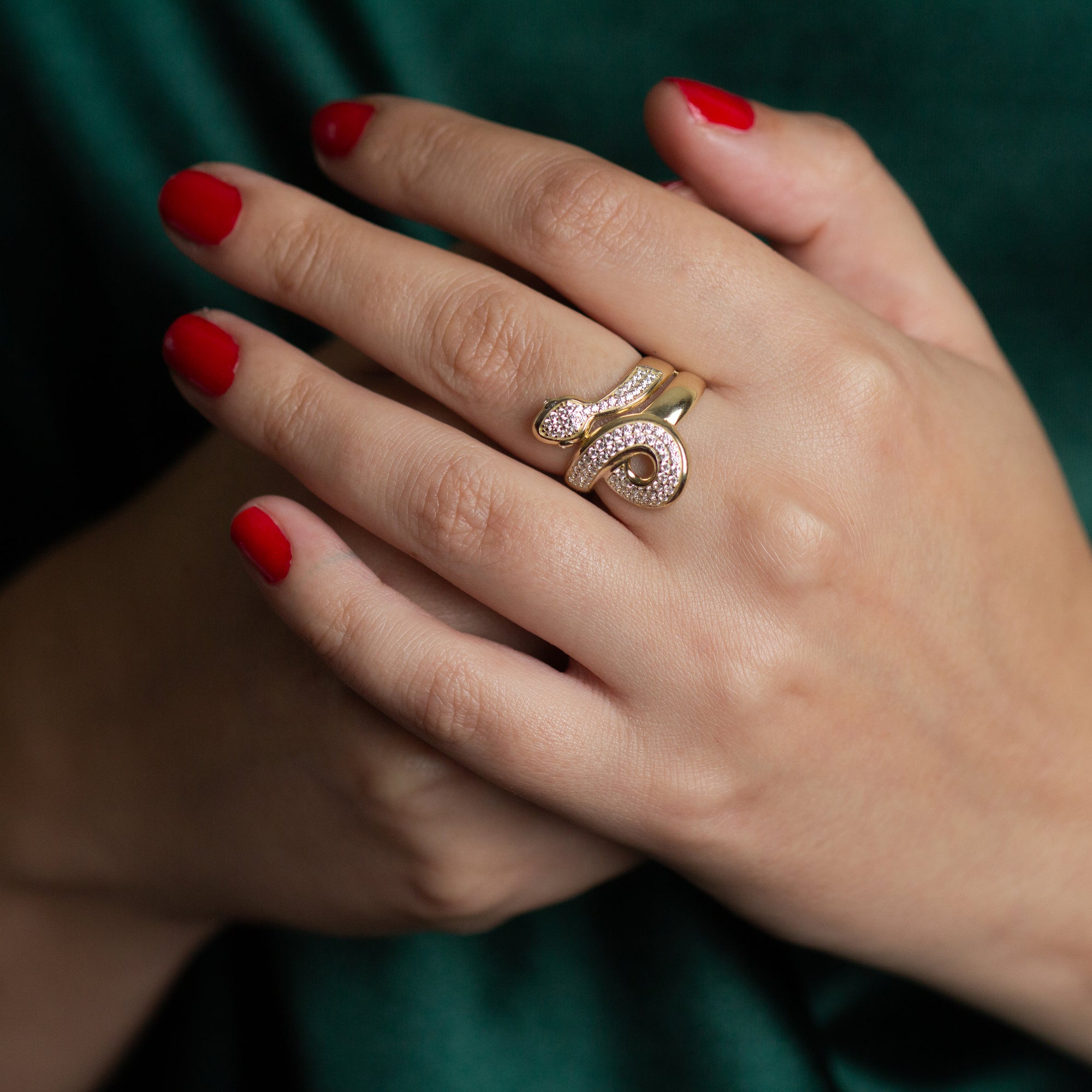 14K Yellow Gold Cubic Zirconia Coiled Snake Band Ring, view 3