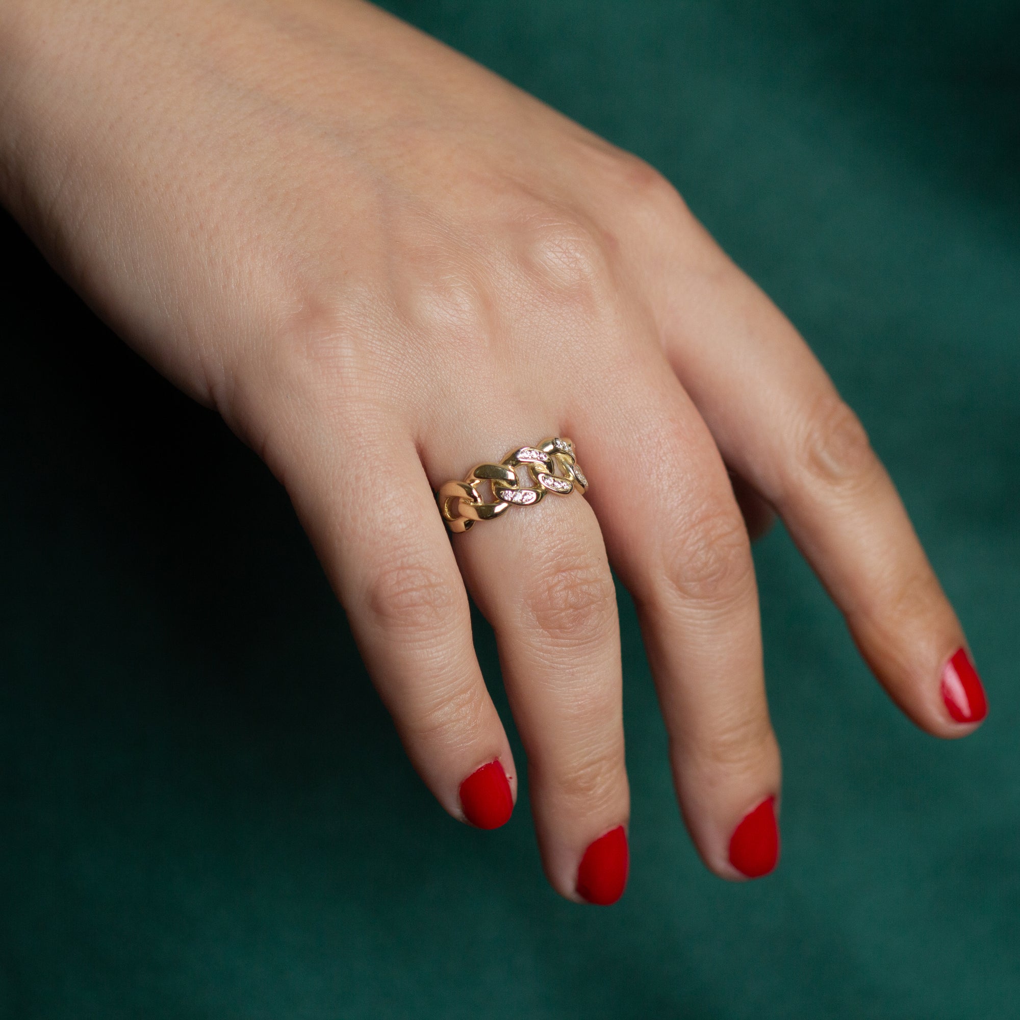14K Yellow Gold Cubic Zirconia Cuban Chain Link Band Ring 8.5 mm, view 2