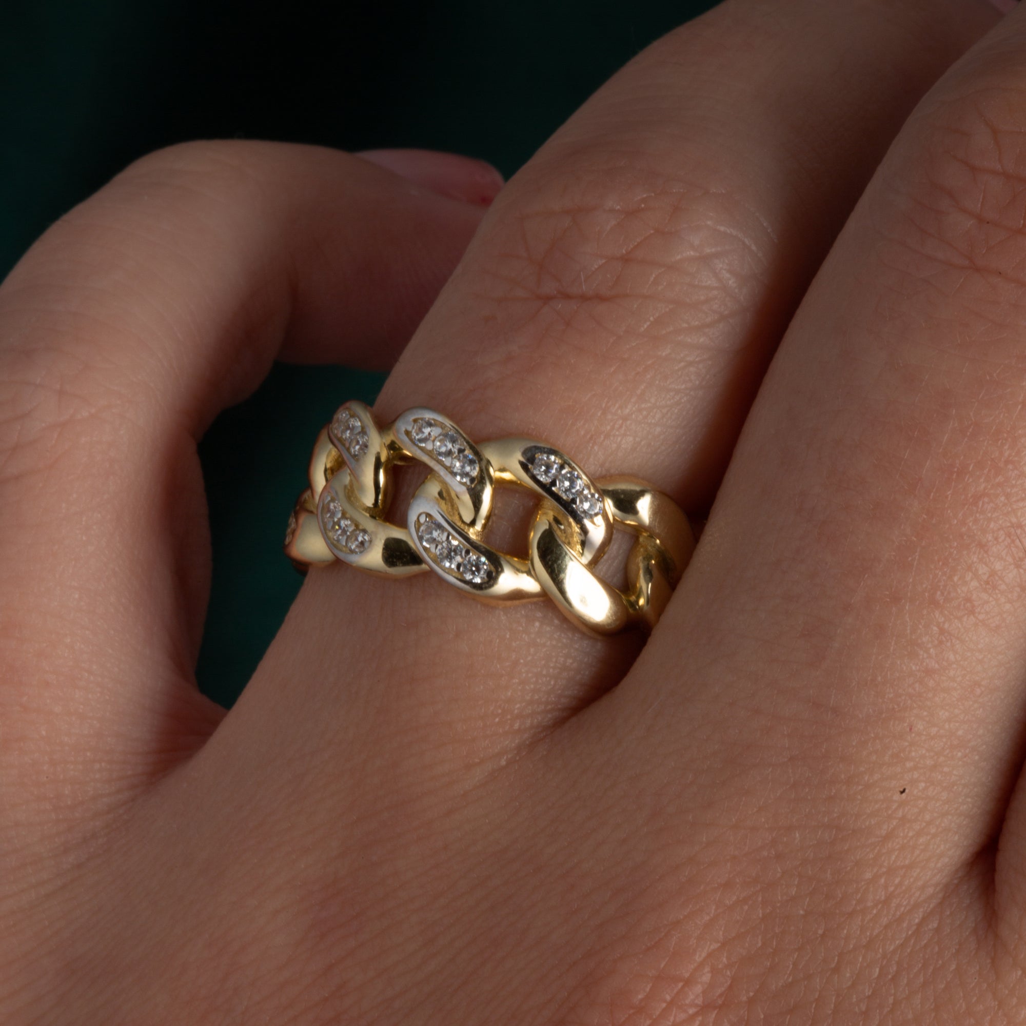 14K Yellow Gold Cubic Zirconia Cuban Chain Link Band Ring 8.5 mm, view 3
