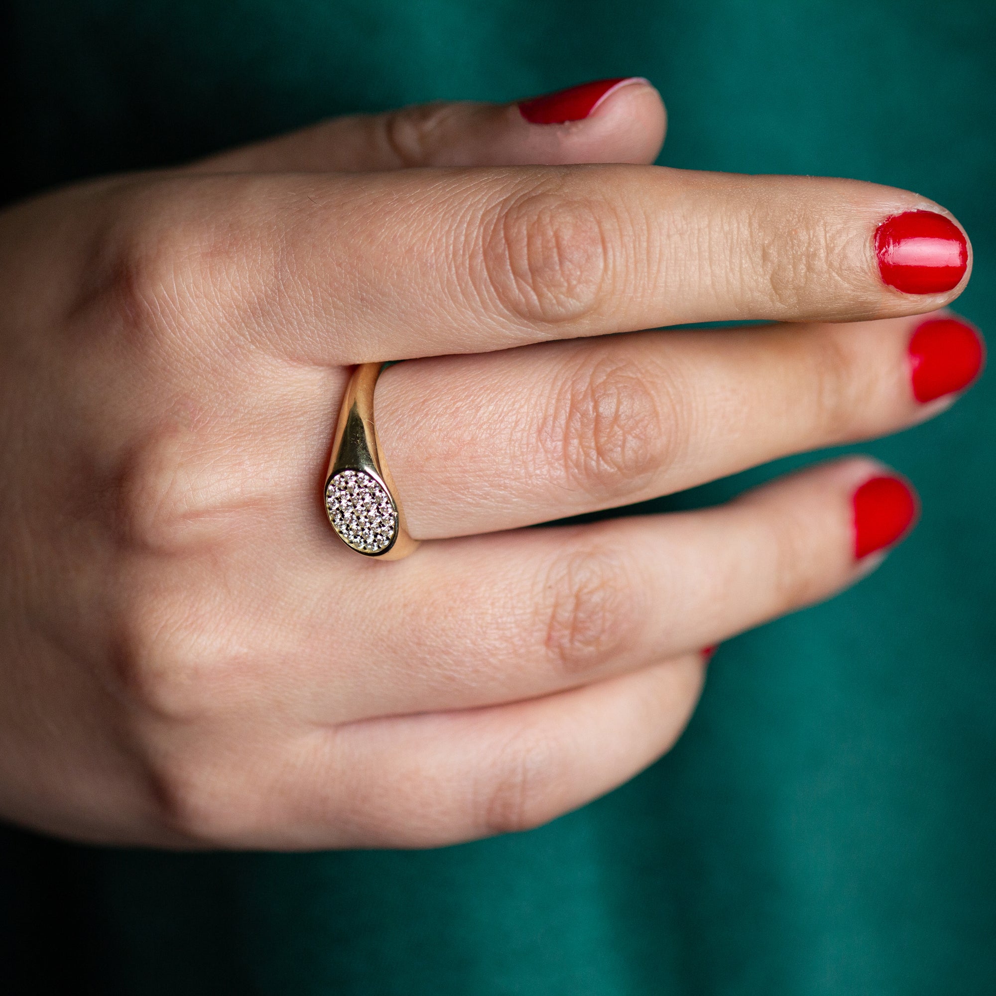 14K Yellow Gold Cubic Zirconia Oval Signet Ring, view 2