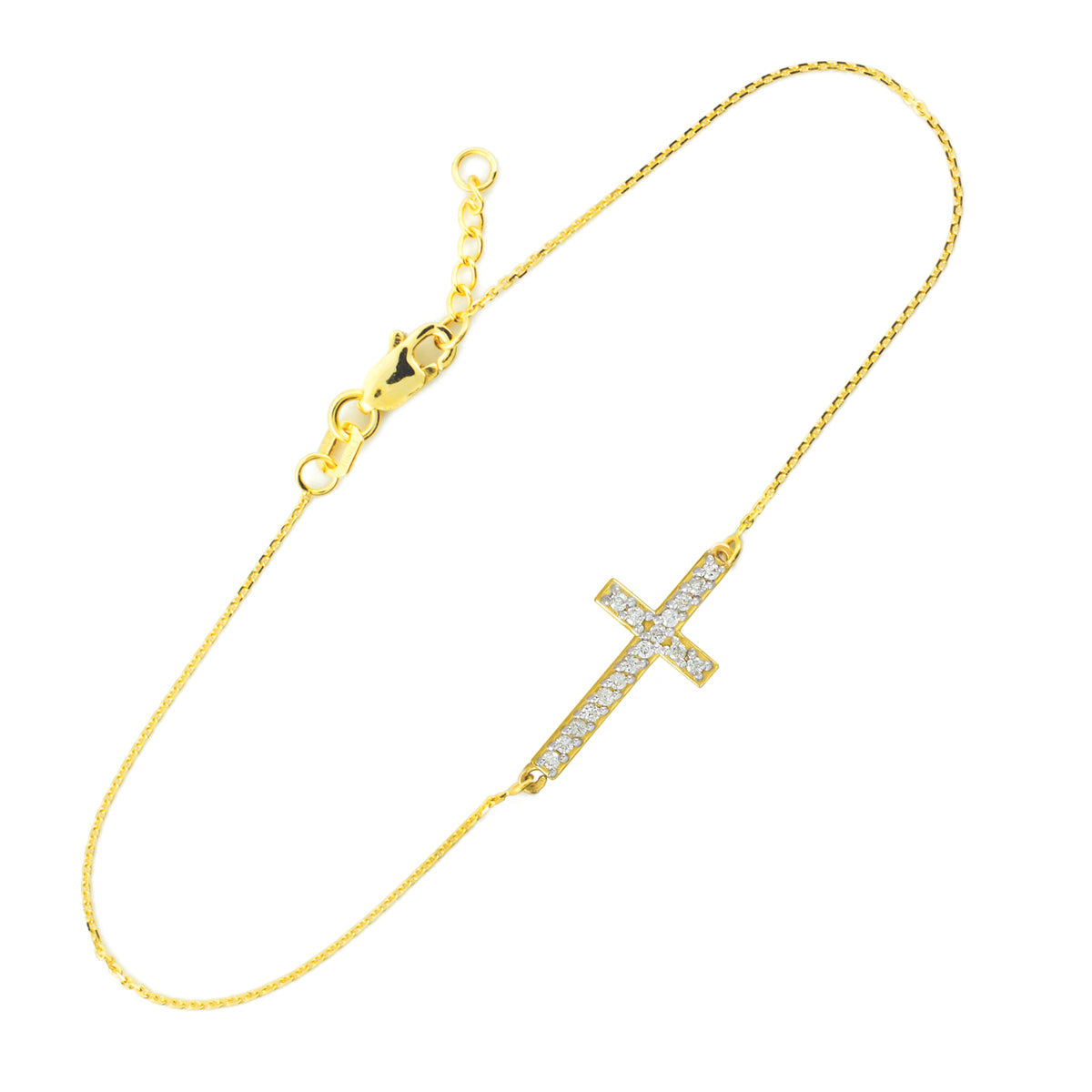 14K Yellow Gold Cubic Zirconia Sideways Cross Bracelet