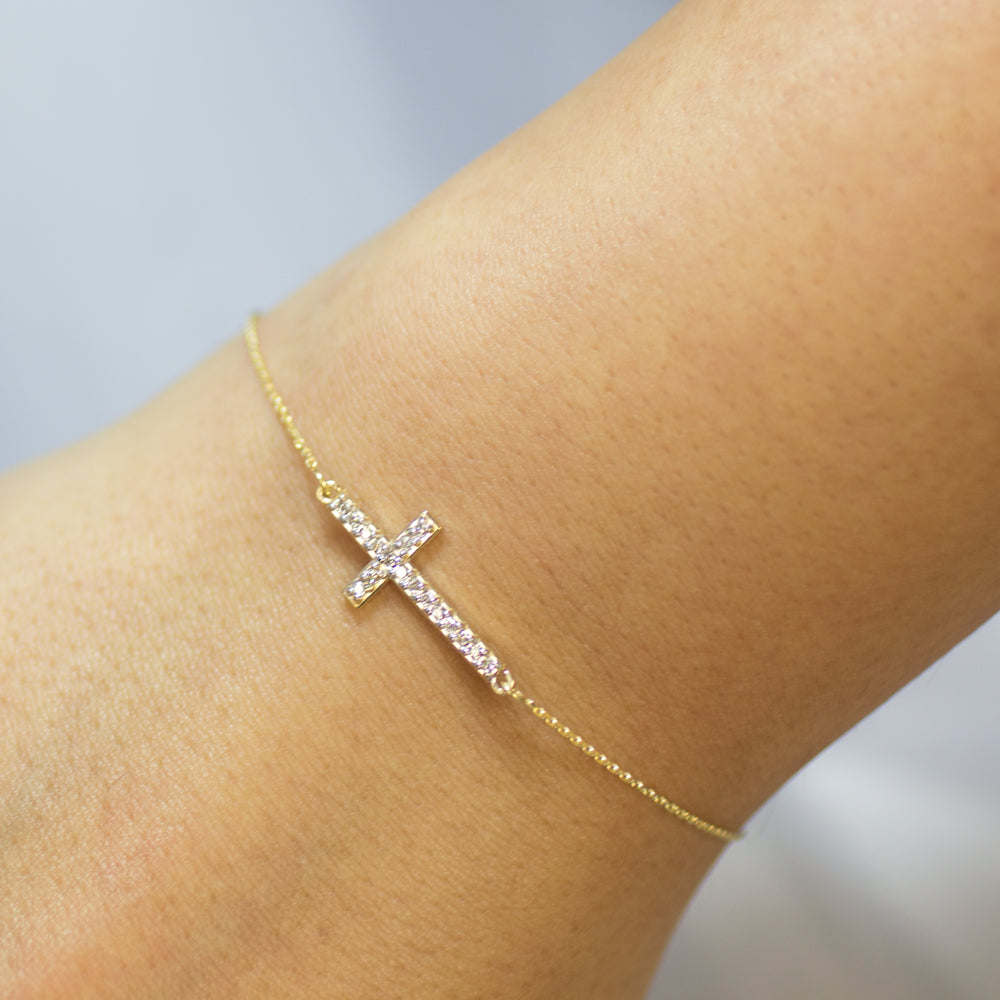 14K Yellow Gold Cubic Zirconia Sideways Cross Bracelet, view 2