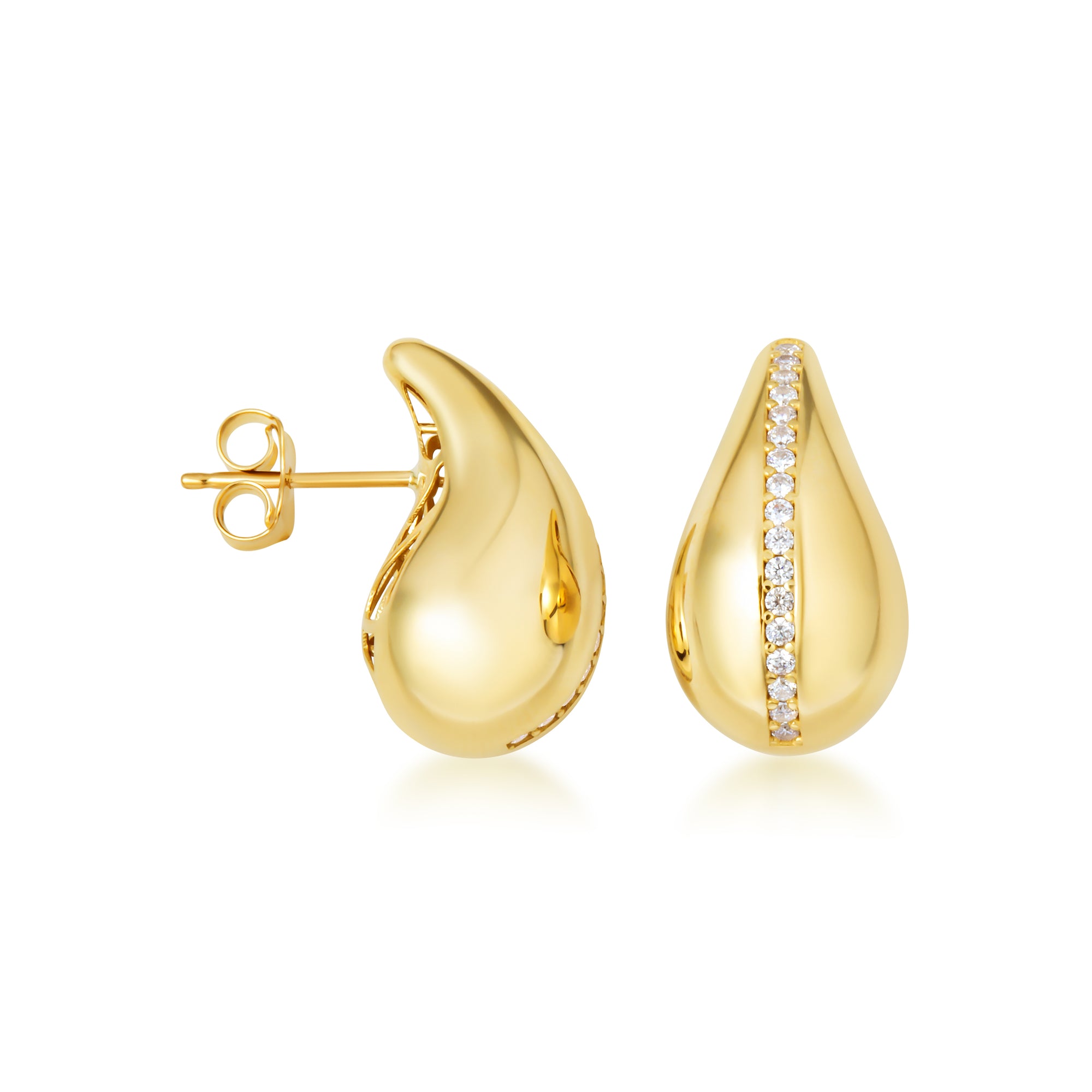 14K Yellow Gold Cubic Zirconia Striped Teardrop Caged Back Stud Earrings