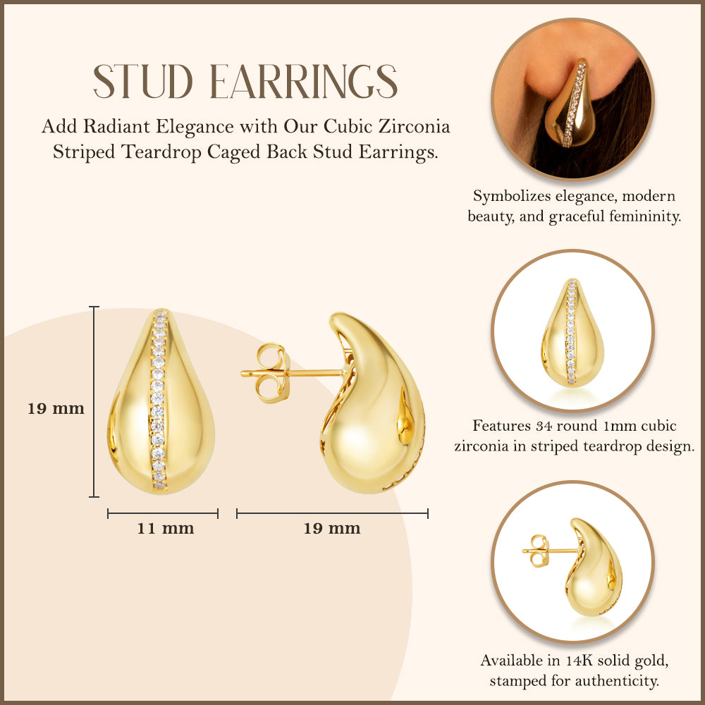 14K Yellow Gold Cubic Zirconia Striped Teardrop Caged Back Stud Earrings, view 3