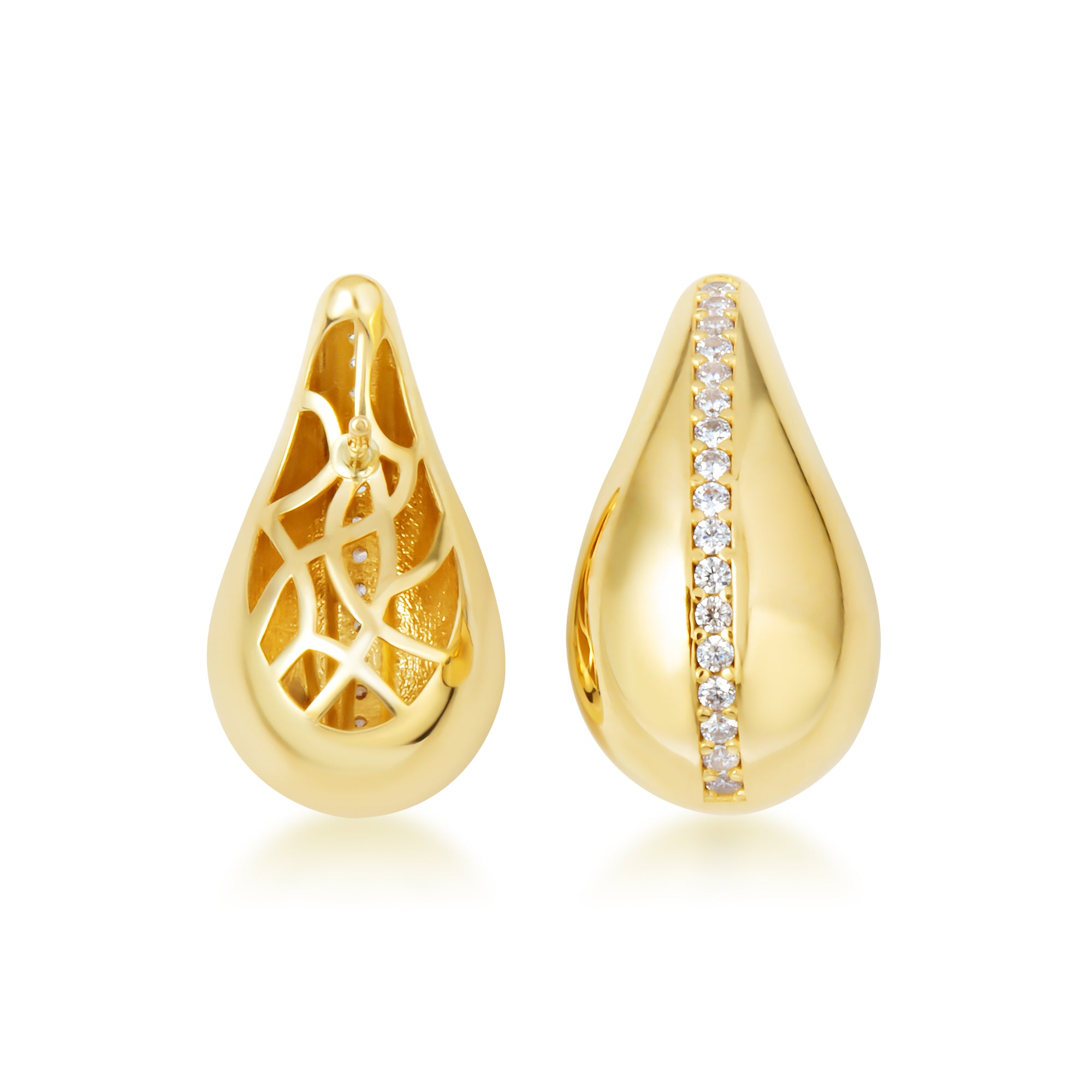 14K Yellow Gold Cubic Zirconia Striped Teardrop Caged Back Stud Earrings, view 4