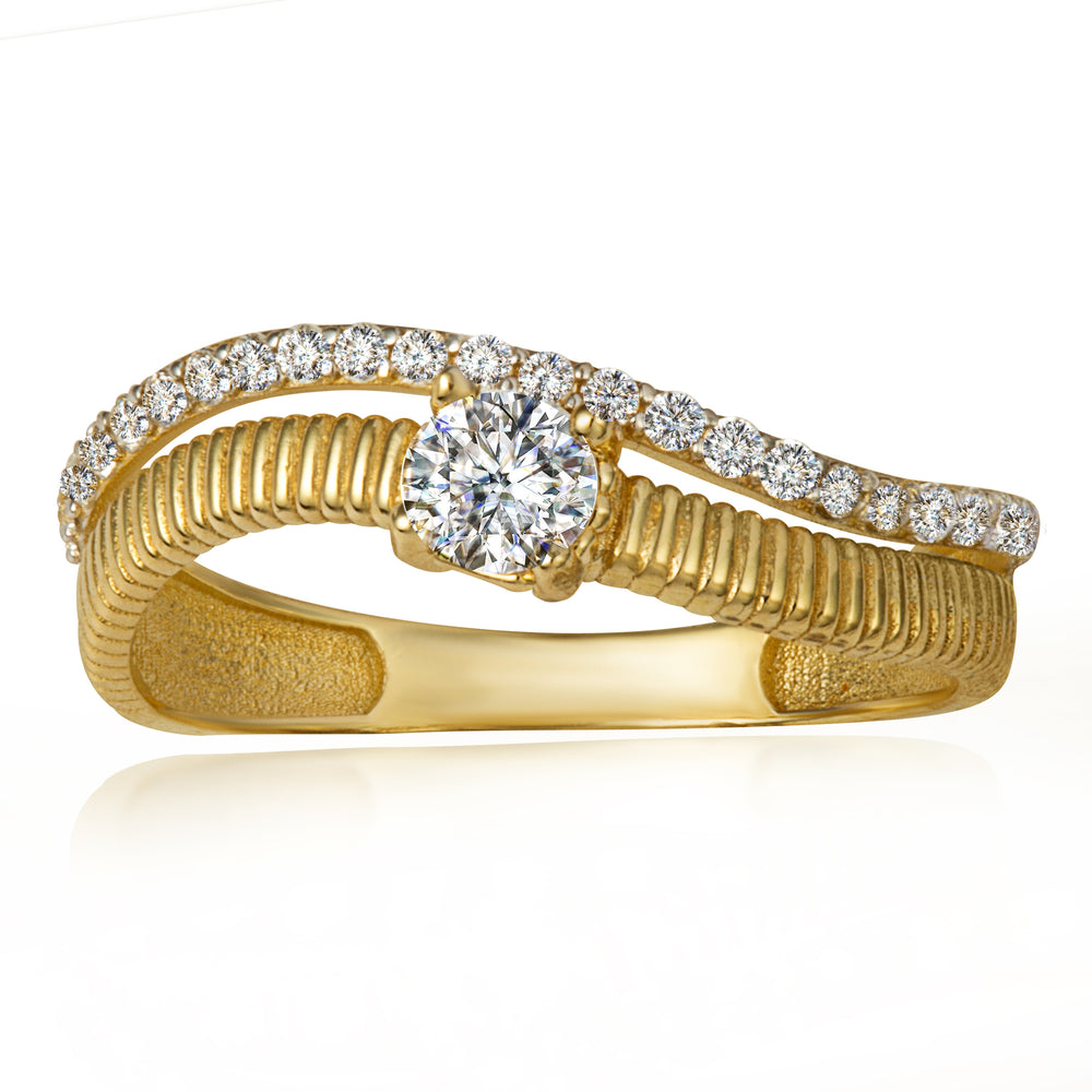 14K Yellow Gold Cubic Zirconia Wavy Striped Double Band Ring