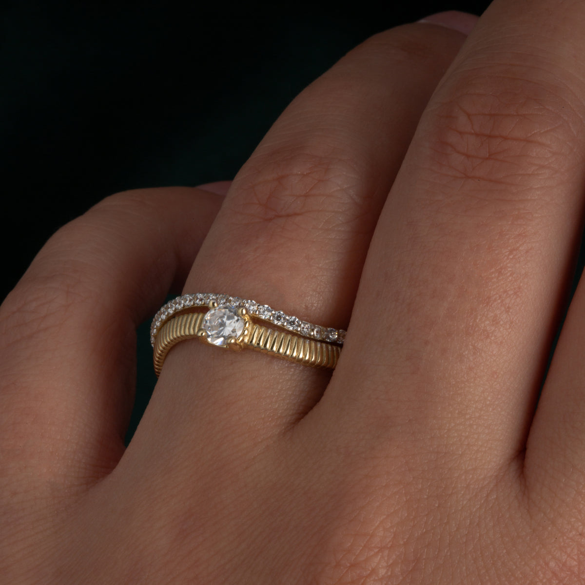 14K Yellow Gold Cubic Zirconia Wavy Striped Double Band Ring, view 3