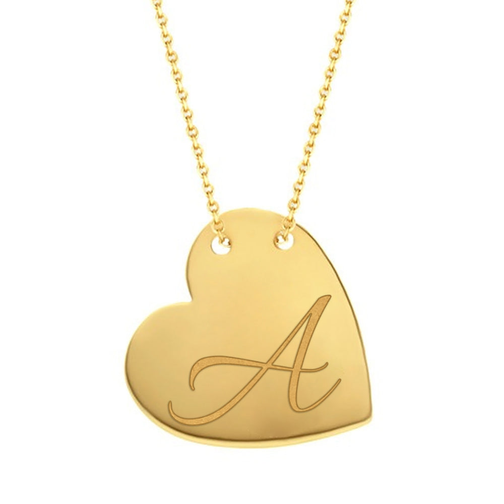 Cursive A traced across a polished solid 14K yellow gold heart pendant
