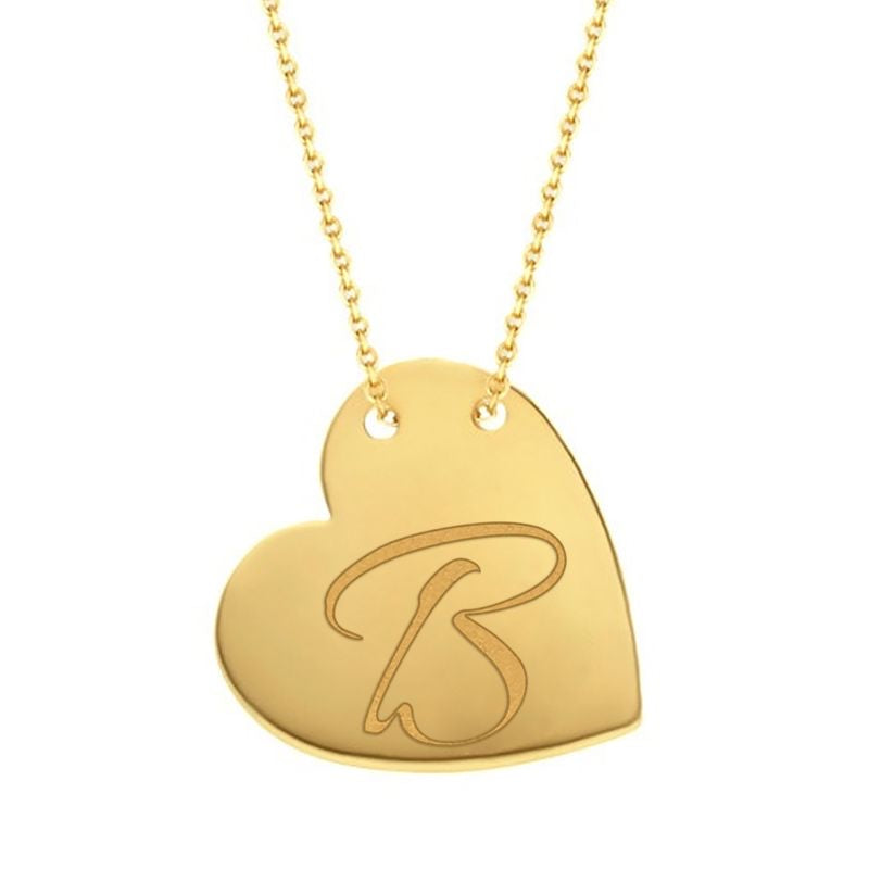 Cursive B traced across a polished solid 14K yellow gold heart pendant