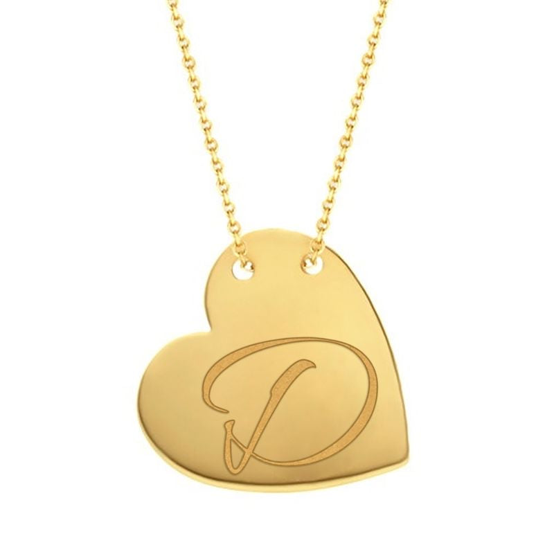 Cursive D traced across a polished solid 14K yellow gold heart pendant