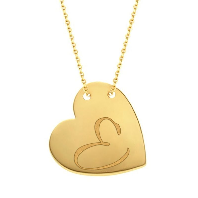 Cursive E traced across a polished solid 14K yellow gold heart pendant