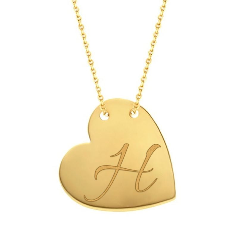 Cursive H traced across a polished solid 14K yellow gold heart pendant