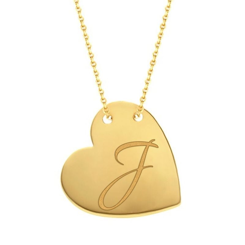 Cursive J traced across a polished solid 14K yellow gold heart pendant