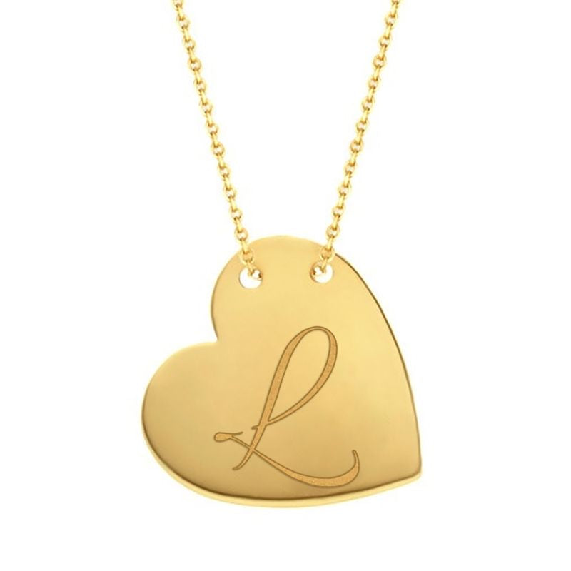 Cursive L traced across a polished solid 14K yellow gold heart pendant