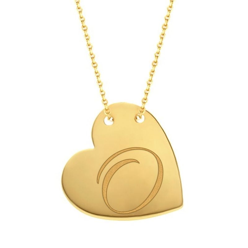 Cursive O traced across a polished solid 14K yellow gold heart pendant