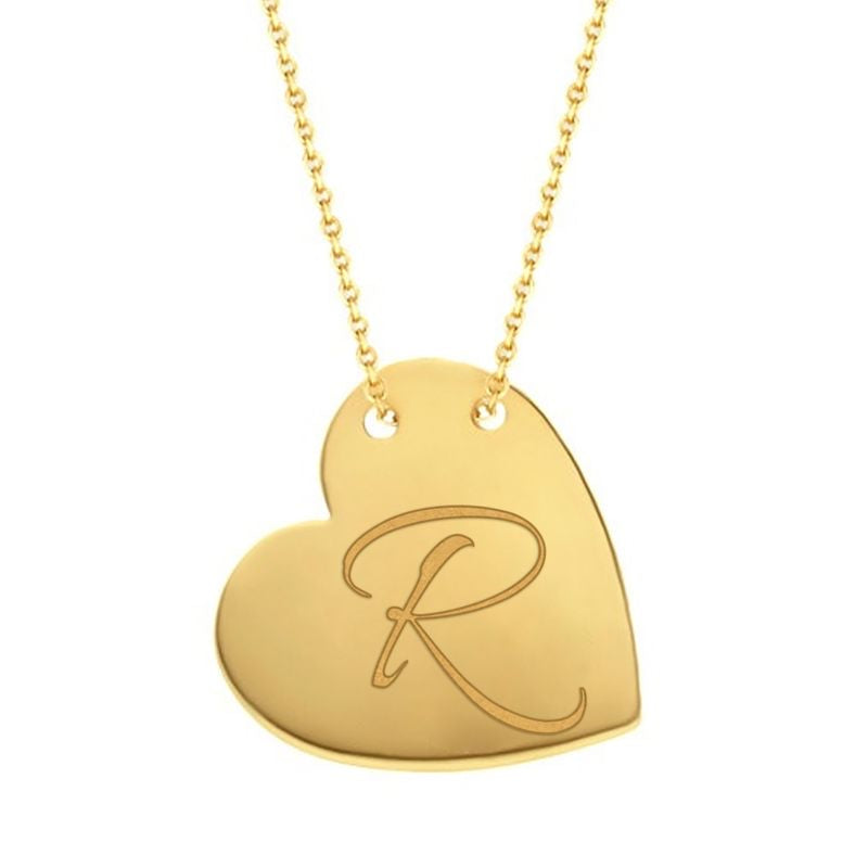Cursive R traced across a polished solid 14K yellow gold heart pendant