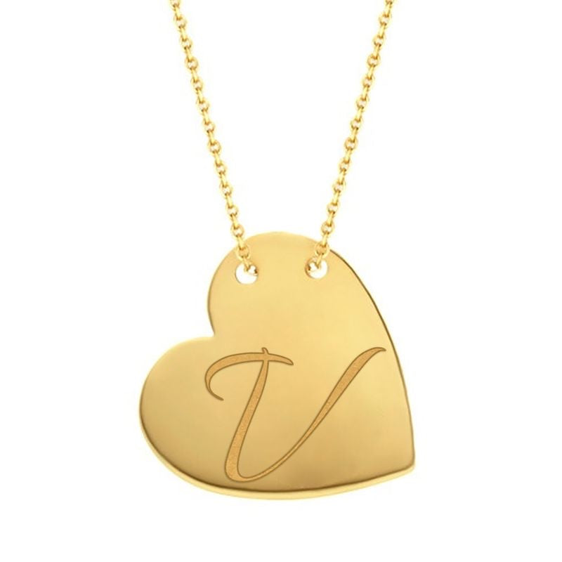 Cursive V traced across a polished solid 14K yellow gold heart pendant