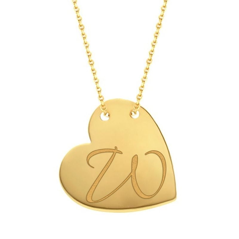 Cursive W traced across a polished solid 14K yellow gold heart pendant
