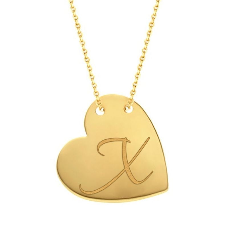 Cursive X traced across a polished solid 14K yellow gold heart pendant