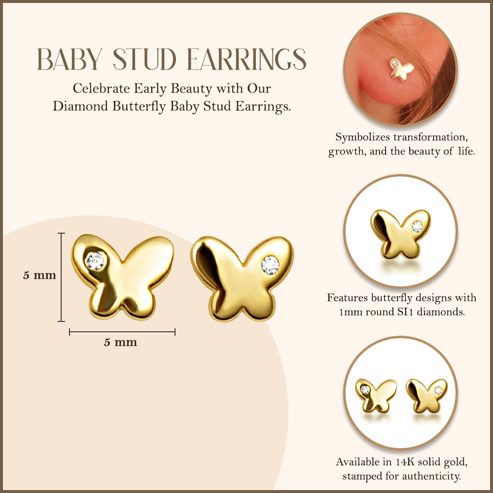 14K Yellow Gold Diamond Butterfly Baby Stud Earrings, view 3