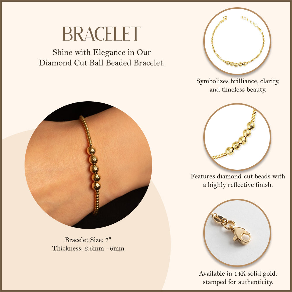 14K Yellow Gold Diamond Cut Ball Beaded Bracelet, view 3