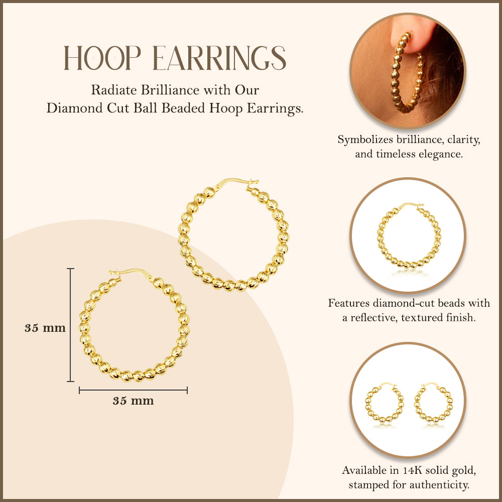 14K Yellow Gold Diamond Cut Ball Beaded Hoop Earrings, view 3