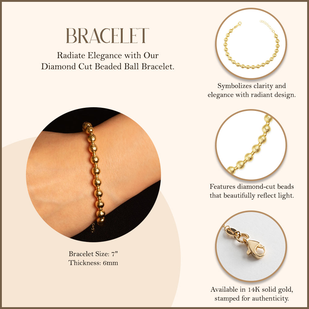14K Yellow Gold Diamond Cut Beaded Ball Bracelet, view 3