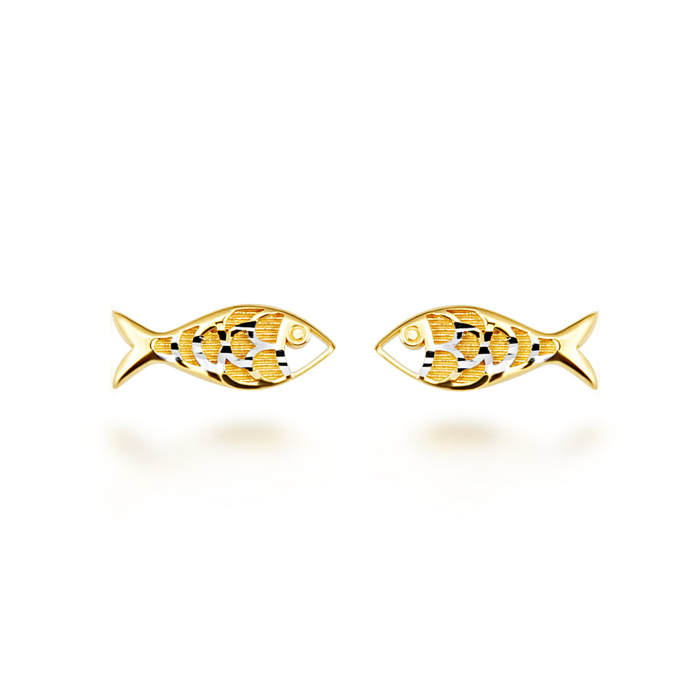 14K Yellow Gold Diamond Cut Fish Ocean Stud Earrings