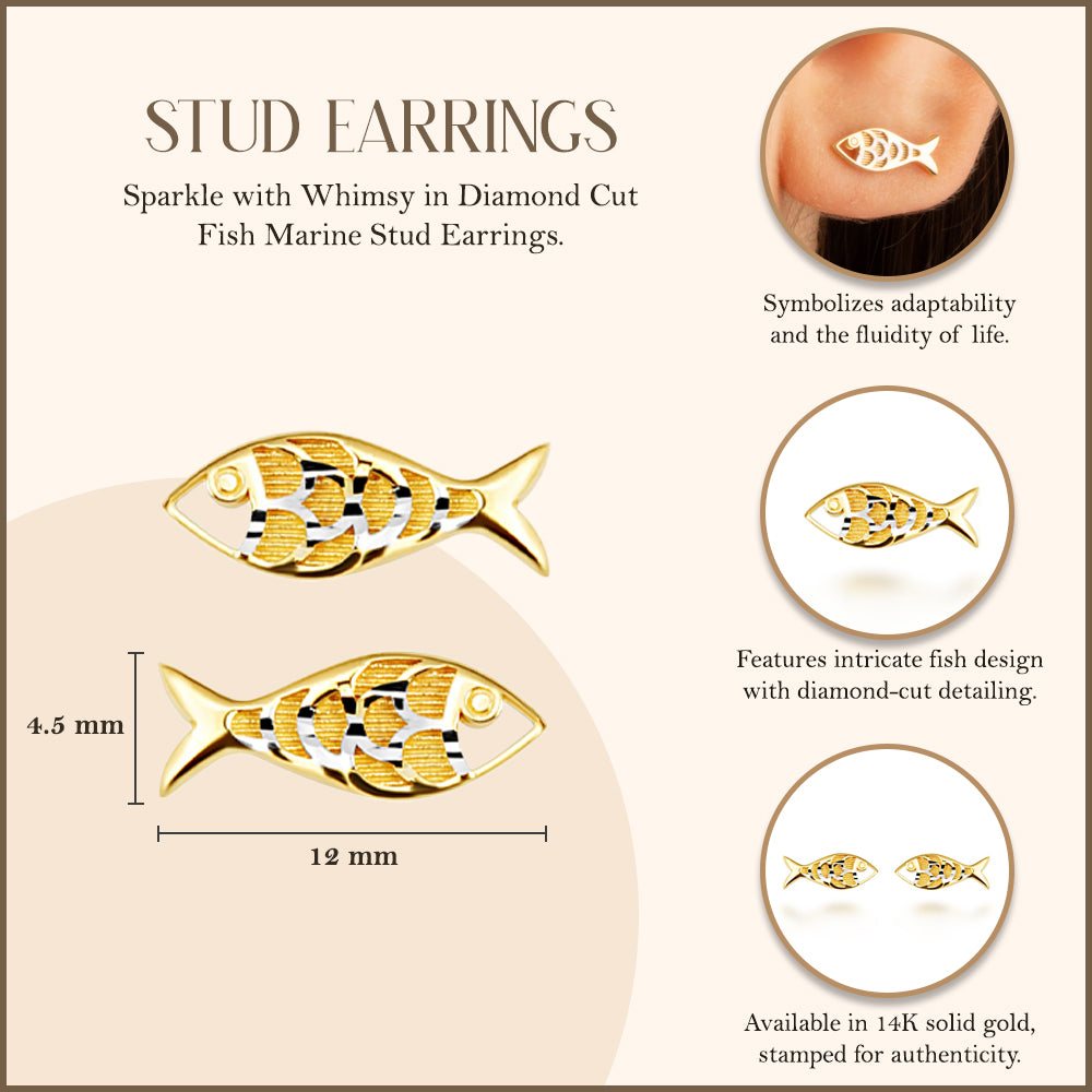 14K Yellow Gold Diamond Cut Fish Ocean Stud Earrings, view 3