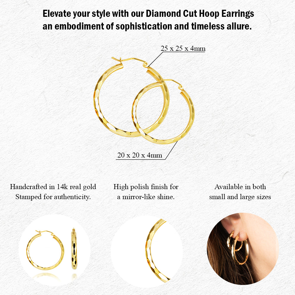 14K Yellow Gold Diamond Cut Hoop Earrings, view 3