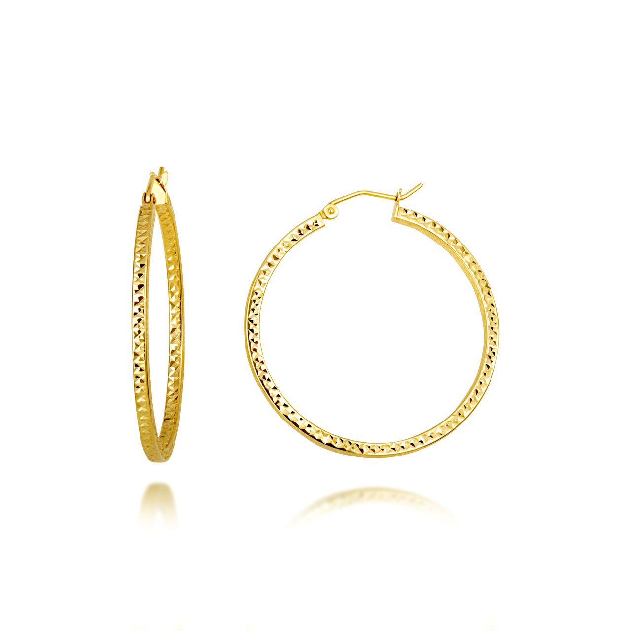 14K Yellow Gold Diamond Cut Hoop Textured Earrings