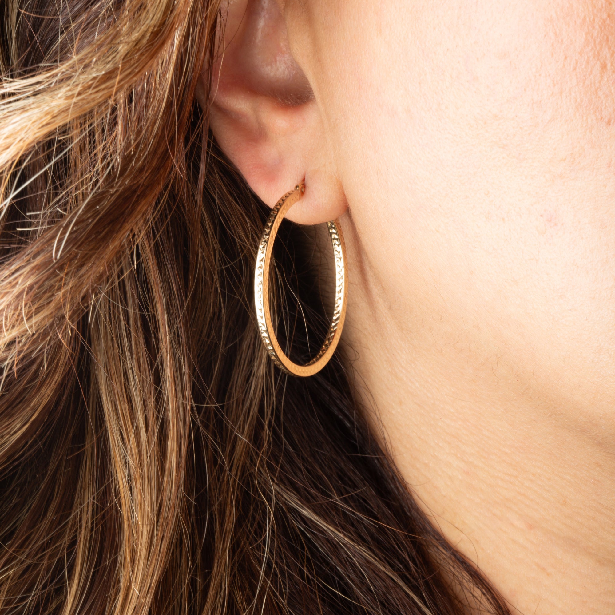14K Yellow Gold Diamond Cut Hoop Textured Earrings, view 2