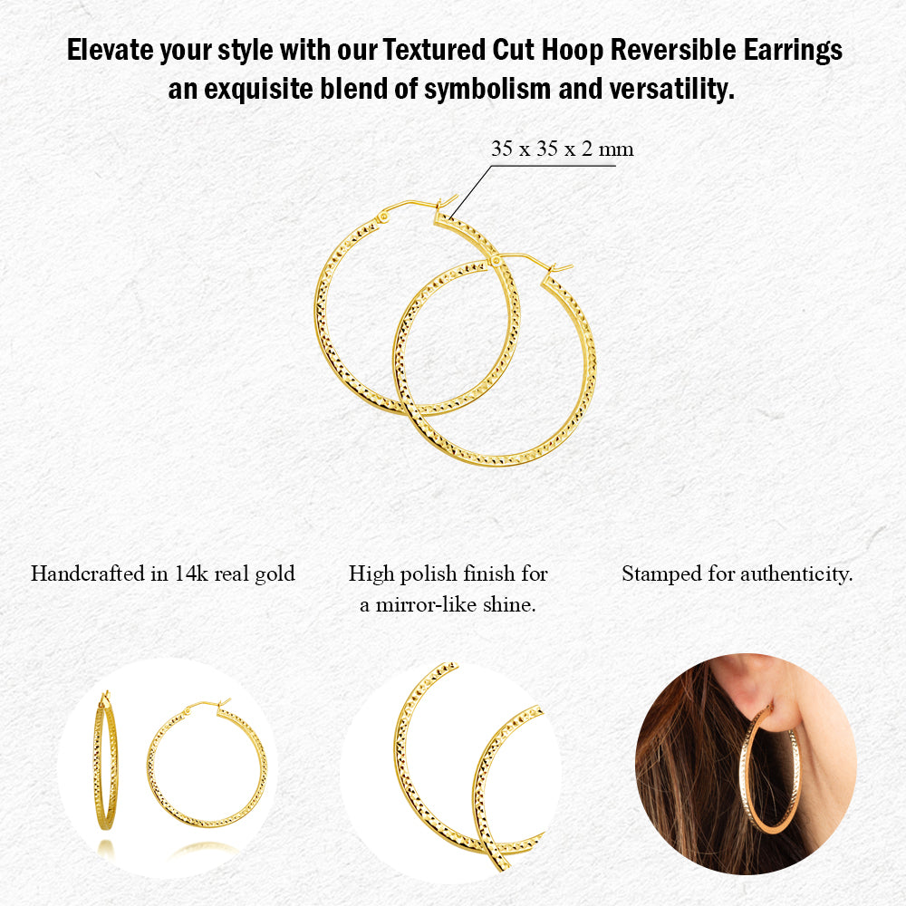 14K Yellow Gold Diamond Cut Hoop Textured Earrings, view 3