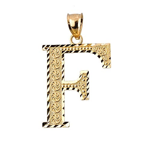 Diamond-cut F initial pendant in solid 14K yellow gold