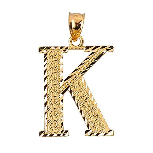 Diamond-cut K initial pendant in solid 14K yellow gold