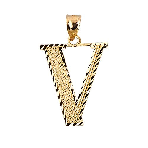 Diamond-cut V initial pendant in solid 14K yellow gold