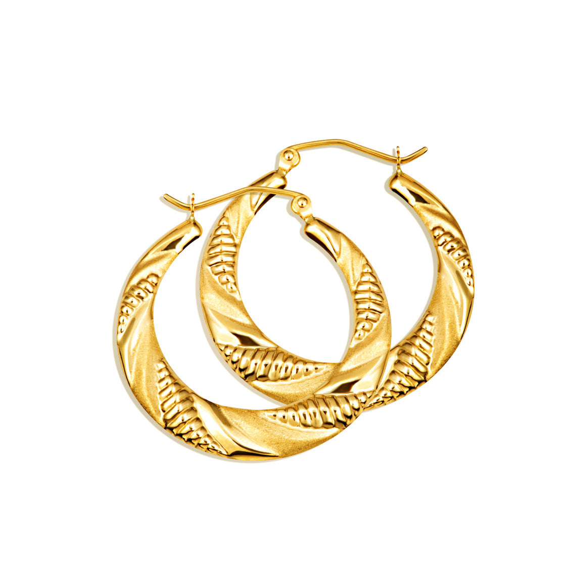 14K Yellow Gold Diamond Cut Ribbed Hoop Earrings