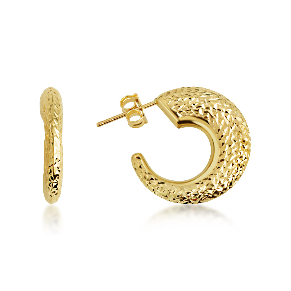 14K Yellow Gold Diamond Cut Ribbed Hoop Stud Earrings
