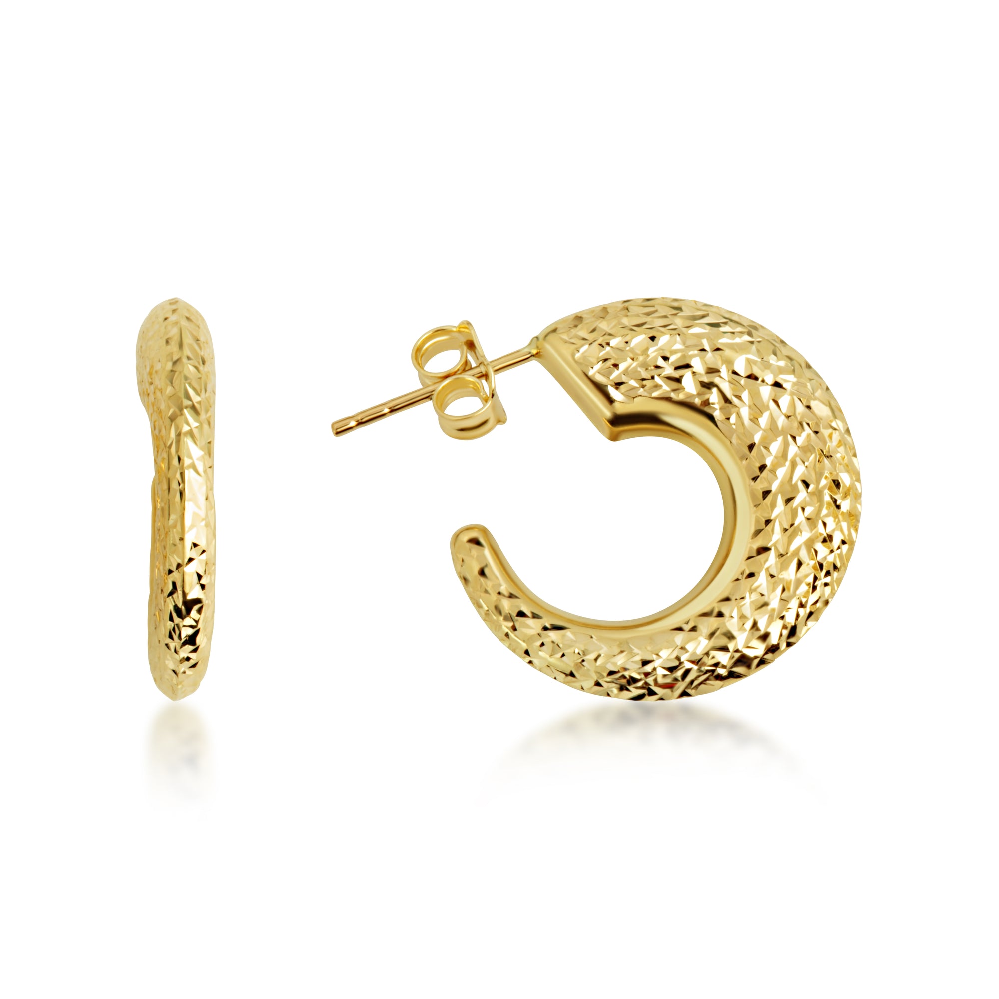 14K Yellow Gold Diamond Cut Ribbed Hoop Stud Earrings