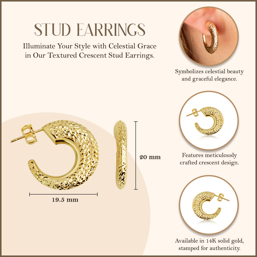 14K Yellow Gold Diamond Cut Ribbed Hoop Stud Earrings, view 3