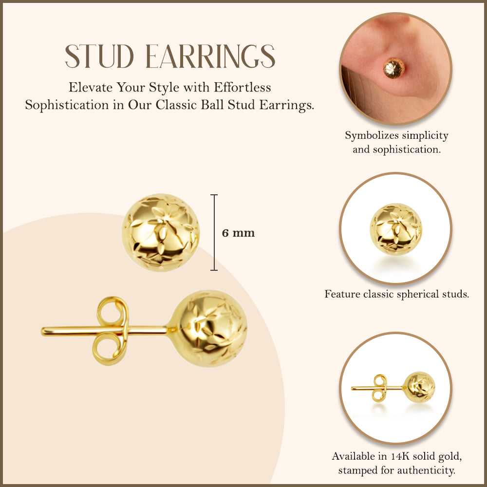 14K Yellow Gold Diamond Cut Round Ball Stud Earrings, view 3