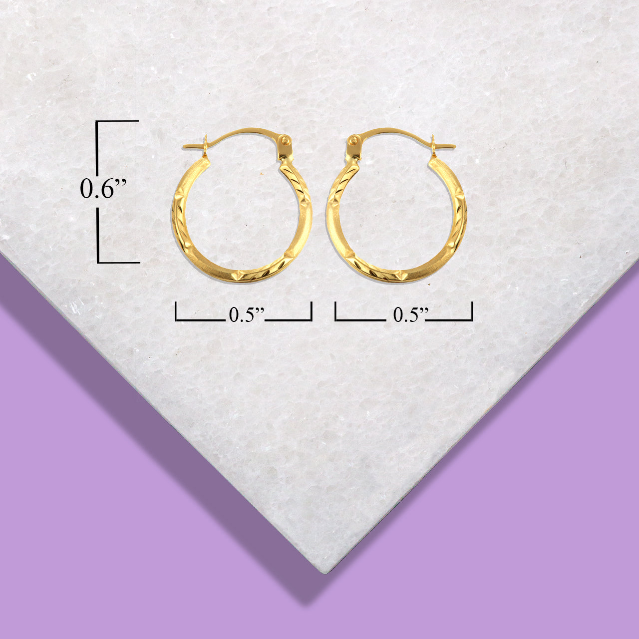 14K Yellow Gold Diamond Cut Satin Finish Hoop Earrings (0.60"), view 3