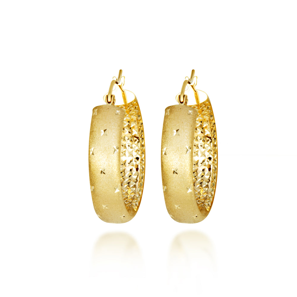 14K Yellow Gold Diamond Cut Satin Finish Hoop Earrings