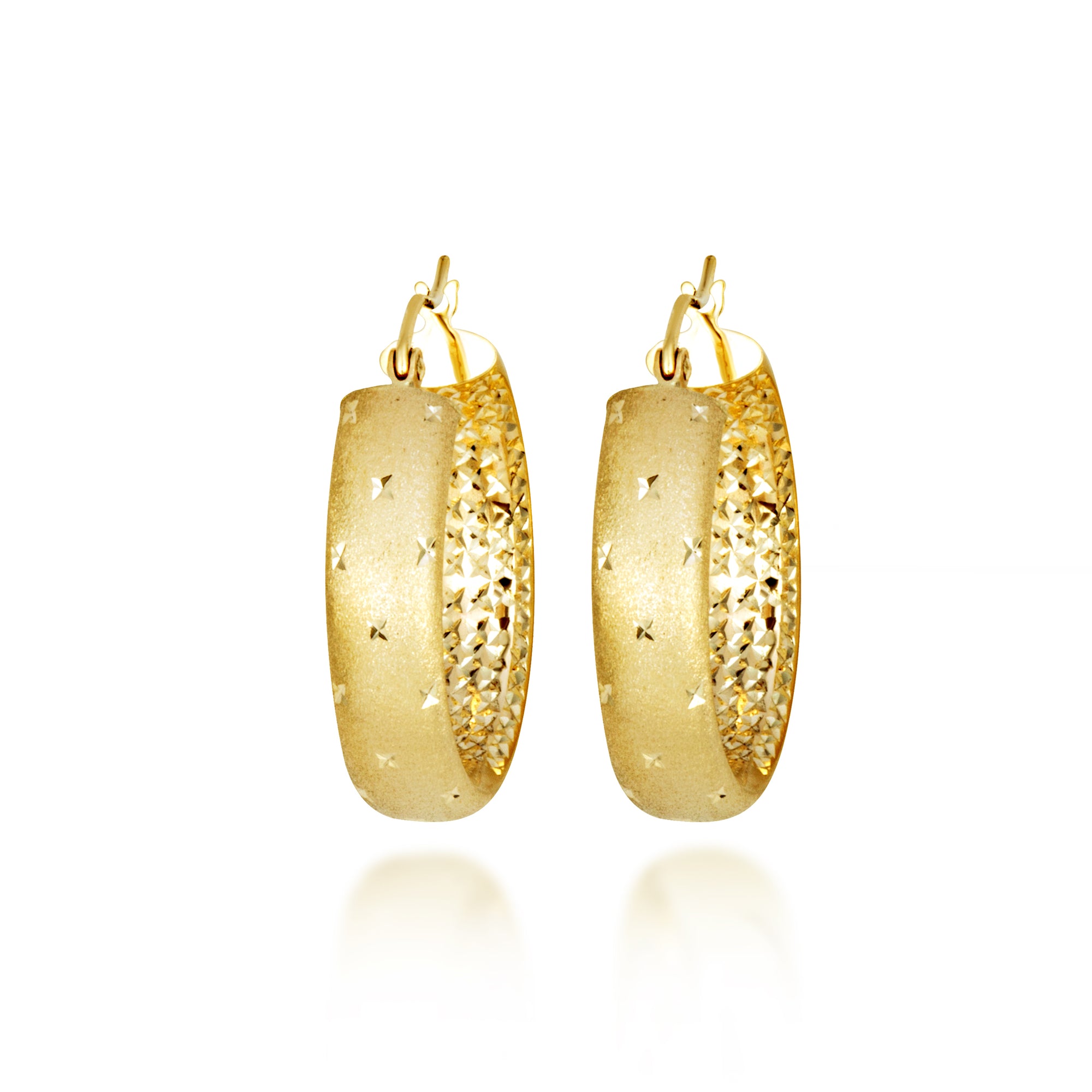 14K Yellow Gold Diamond Cut Satin Finish Hoop Earrings