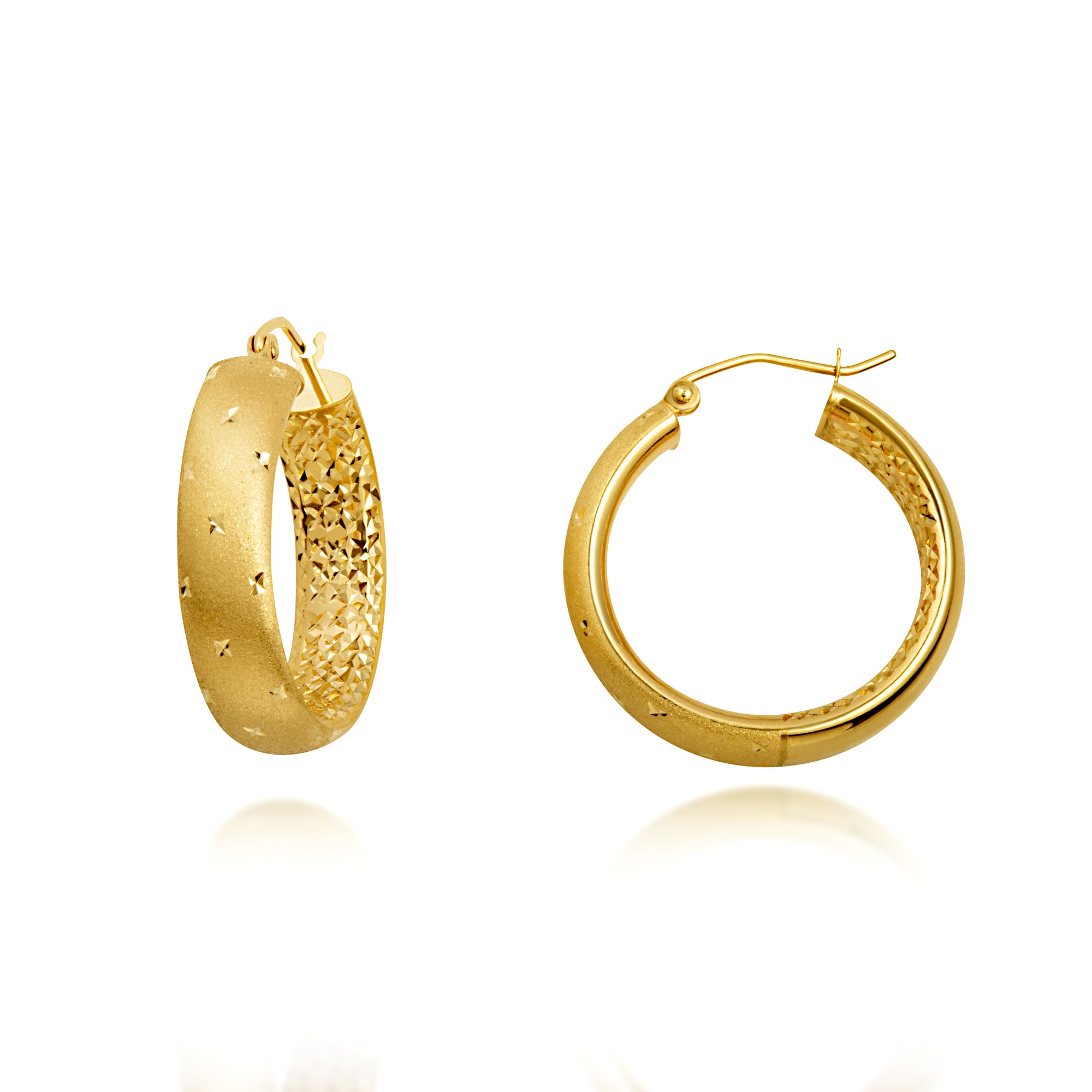 14K Yellow Gold Diamond Cut Satin Finish Hoop Earrings, view 4