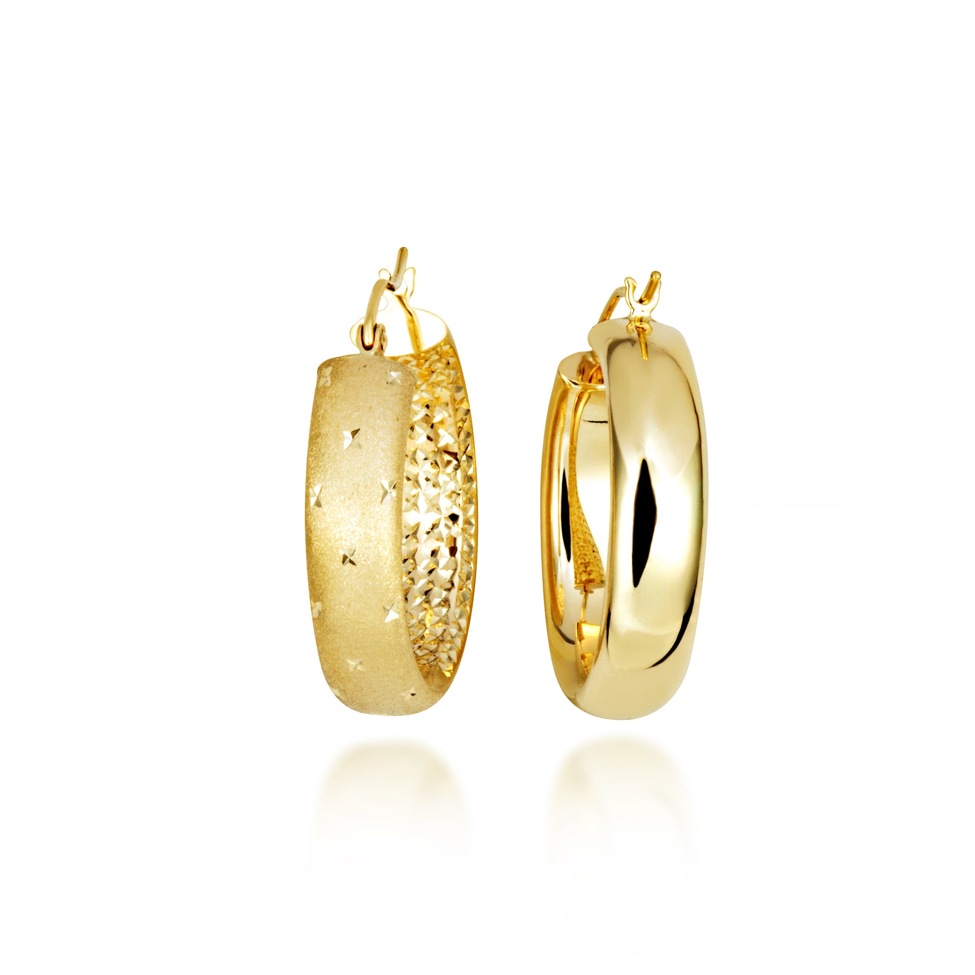 14K Yellow Gold Diamond Cut Satin Finish Hoop Earrings, view 6