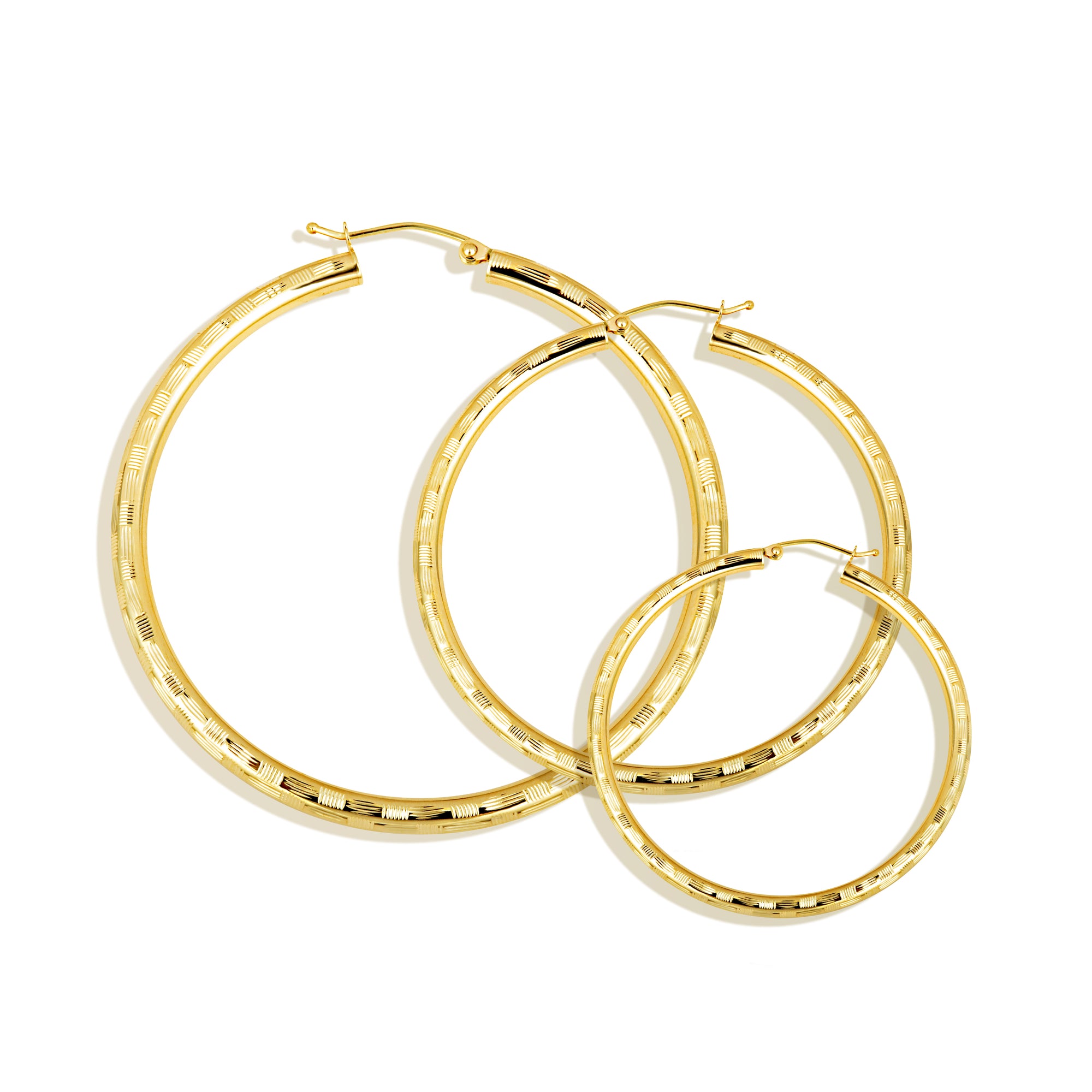 14K Yellow Gold Diamond Cut Striped Hoop Earrings