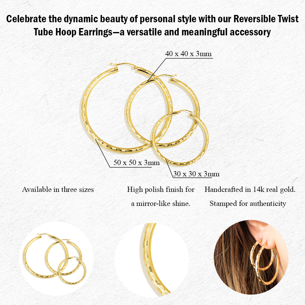 14K Yellow Gold Diamond Cut Striped Hoop Earrings, view 3